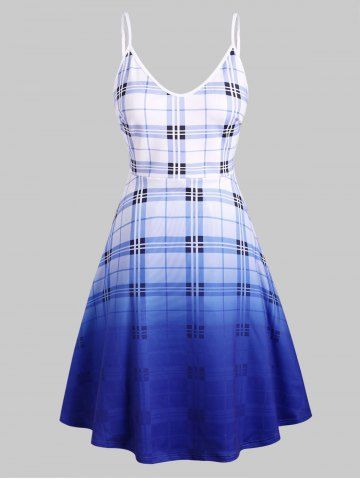 Cami Plaid Ombre Plus Size Fit and Flare Dress - BLUE - 1X
