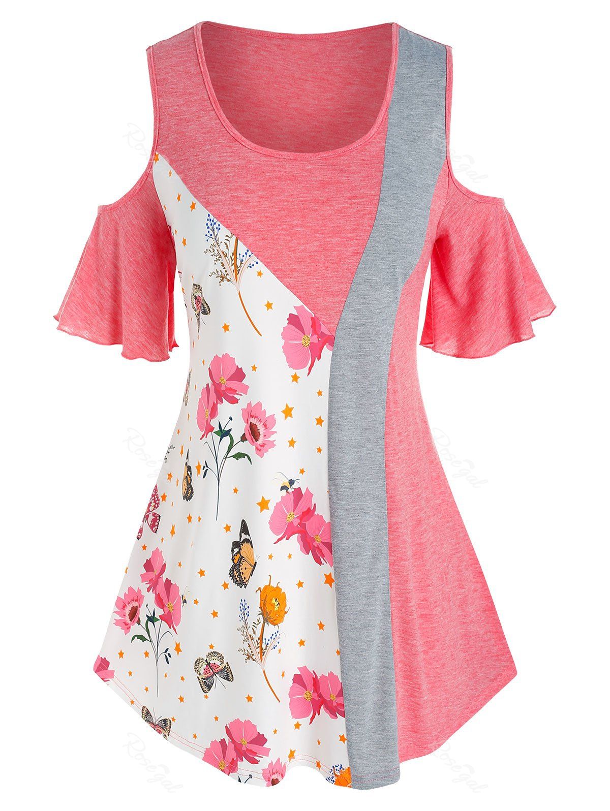 Outfit Plus Size Floral Cold Shoulder Colorblock T Shirt  