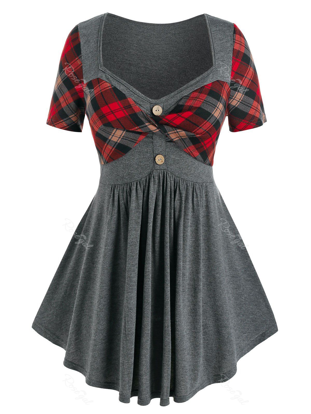

Plus Size Plaid Print Twist Front Curved Hem T-shirt, Gray