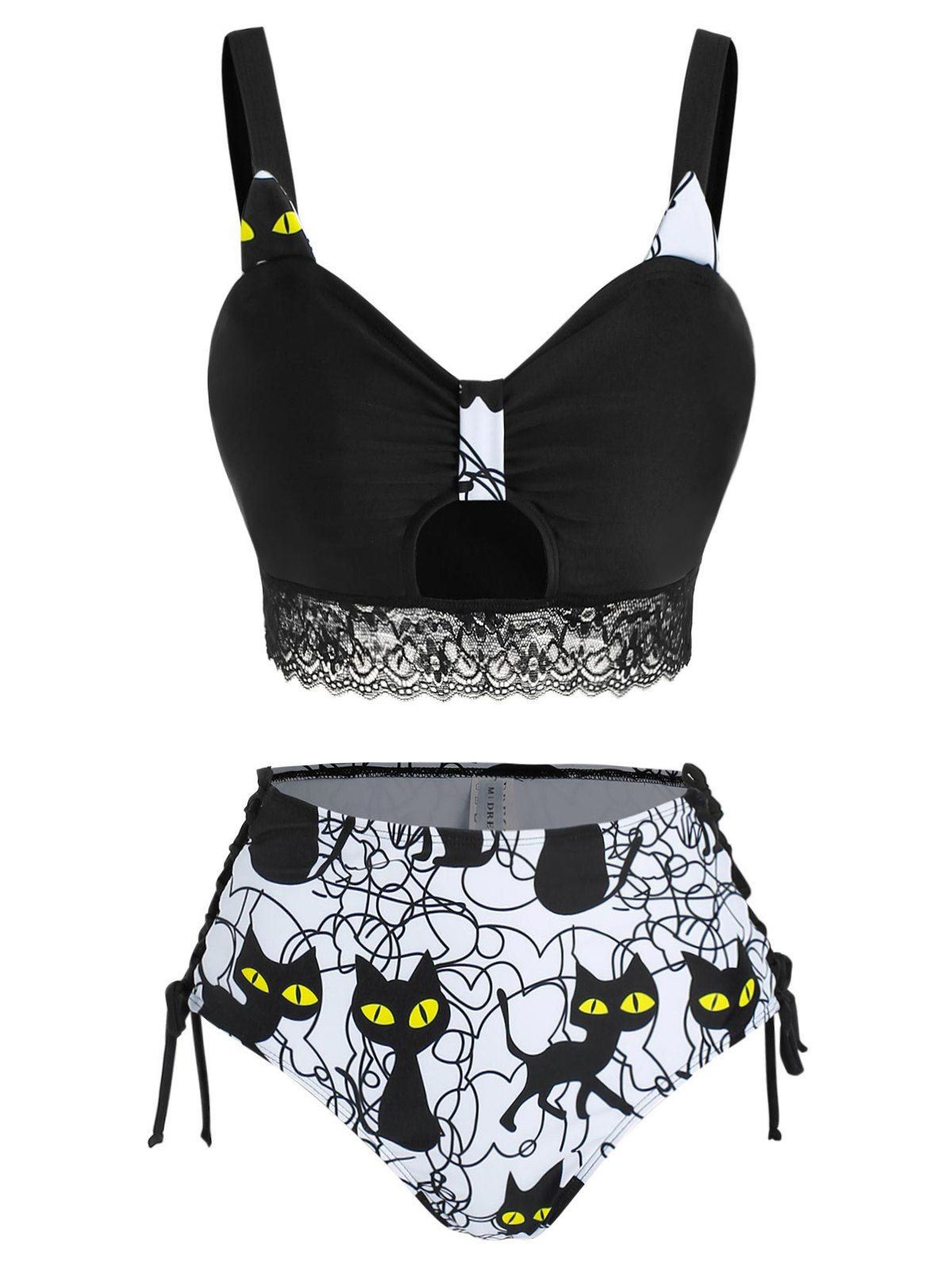 

Cat Print Cut Out Lace-up Padded Tankini Set, Black
