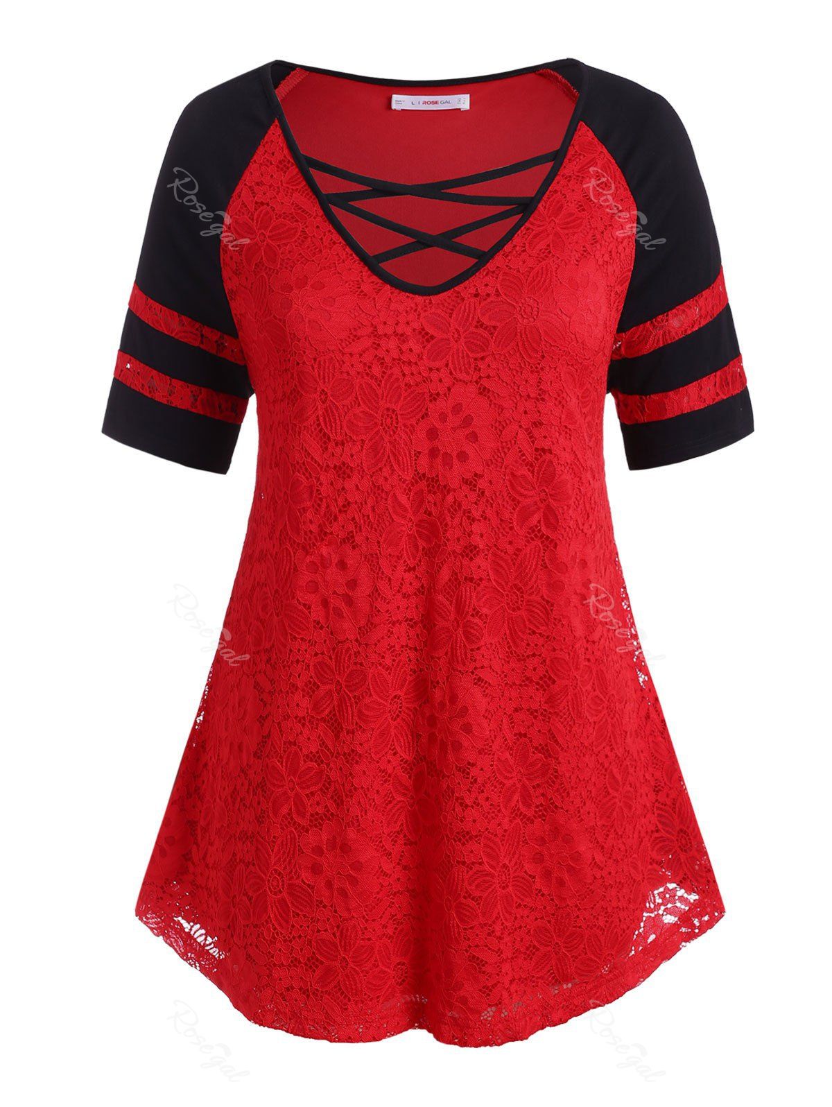 

Plus Size Raglan Sleeve Criss-cross Flower Lace T-shirt, Red