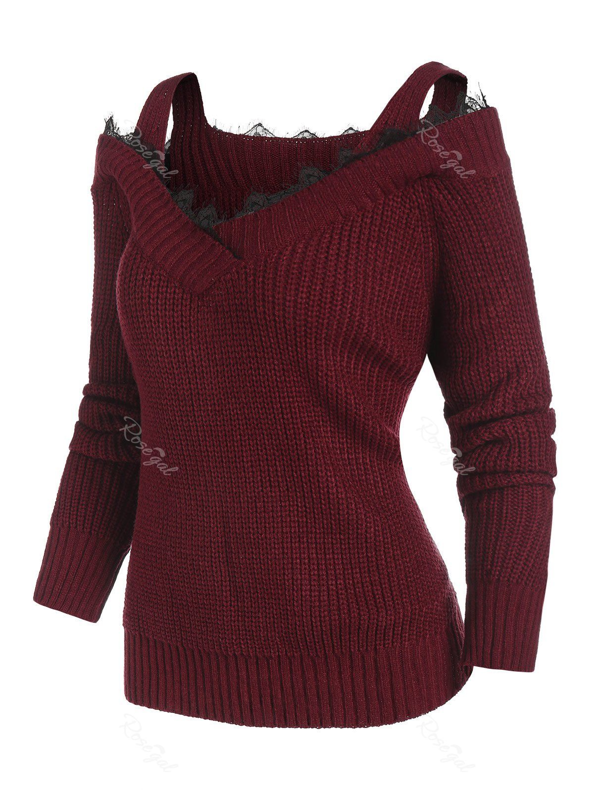 

Plus Size Lace Insert Cold Shoulder Sweater, Deep red
