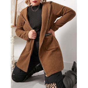 

Plus Size Binding Hooded Zipper Pocket Coat, Brown bear