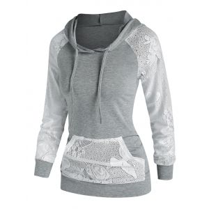 

Lace Panel Kangaroo Pocket Hoodie, Light gray