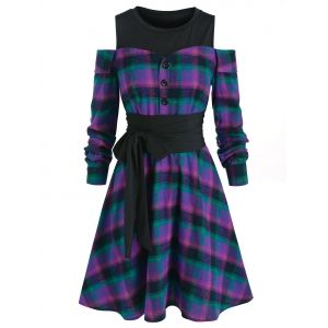

Open Shoulder Plaid Knee Length Dress, Multi