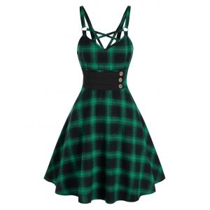 

Strappy Plaid Fit and Flare Dress, Green