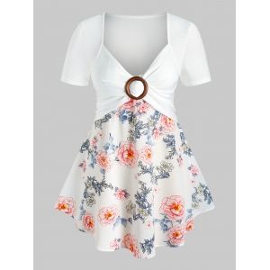Plus Size Floral Pattern O Ring Flare T Shirt, White