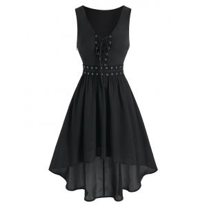 

Lace Up Grommet High Low Dress, Black