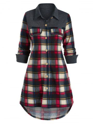 Plaid Flap Detail High Low Shirt - MULTI - XL