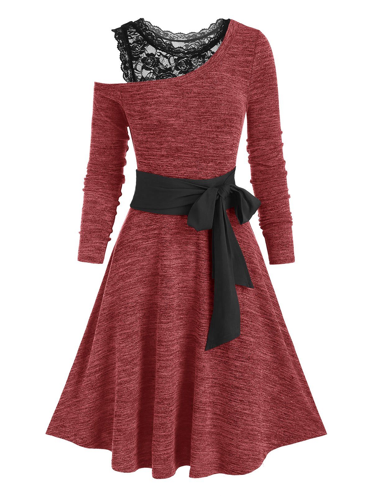 

Cold Shoulder Contrast Belted A Line Dress, Red