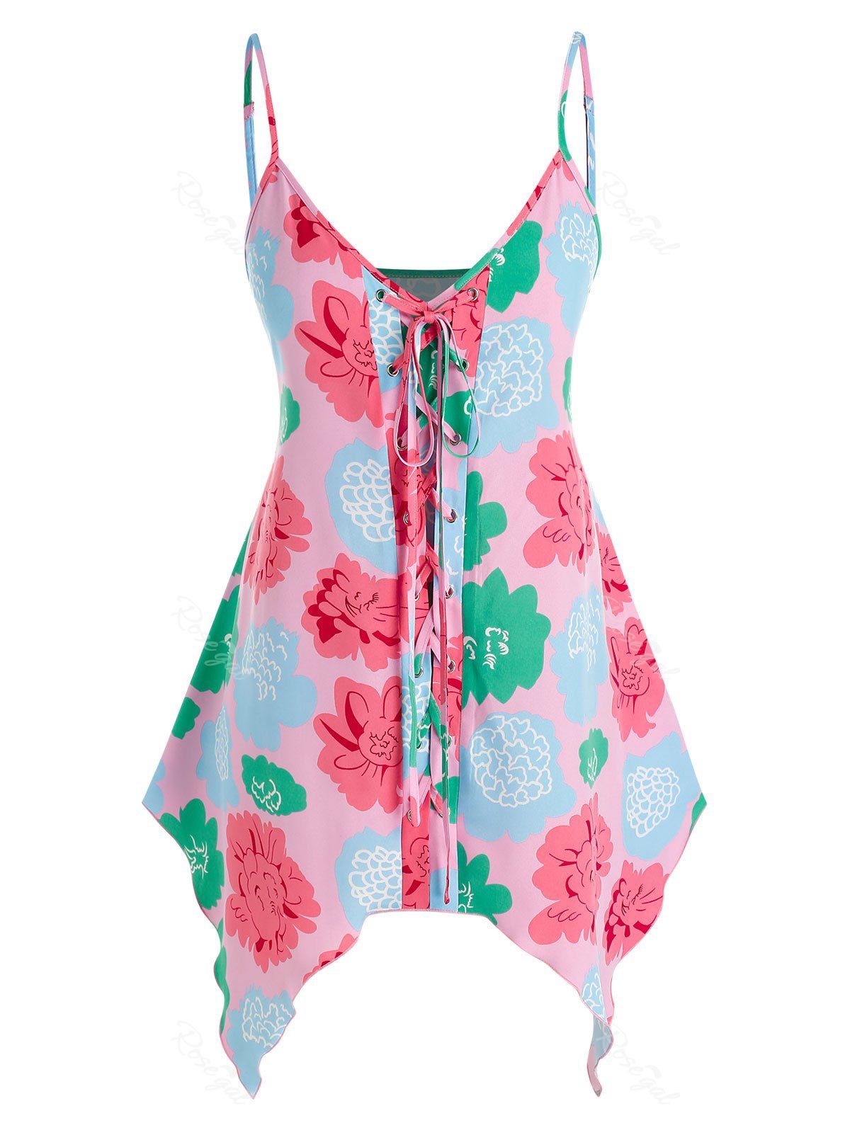 Discount Plus Size Flower Hanky Hem Lace-up Sleeveless Cami Top  