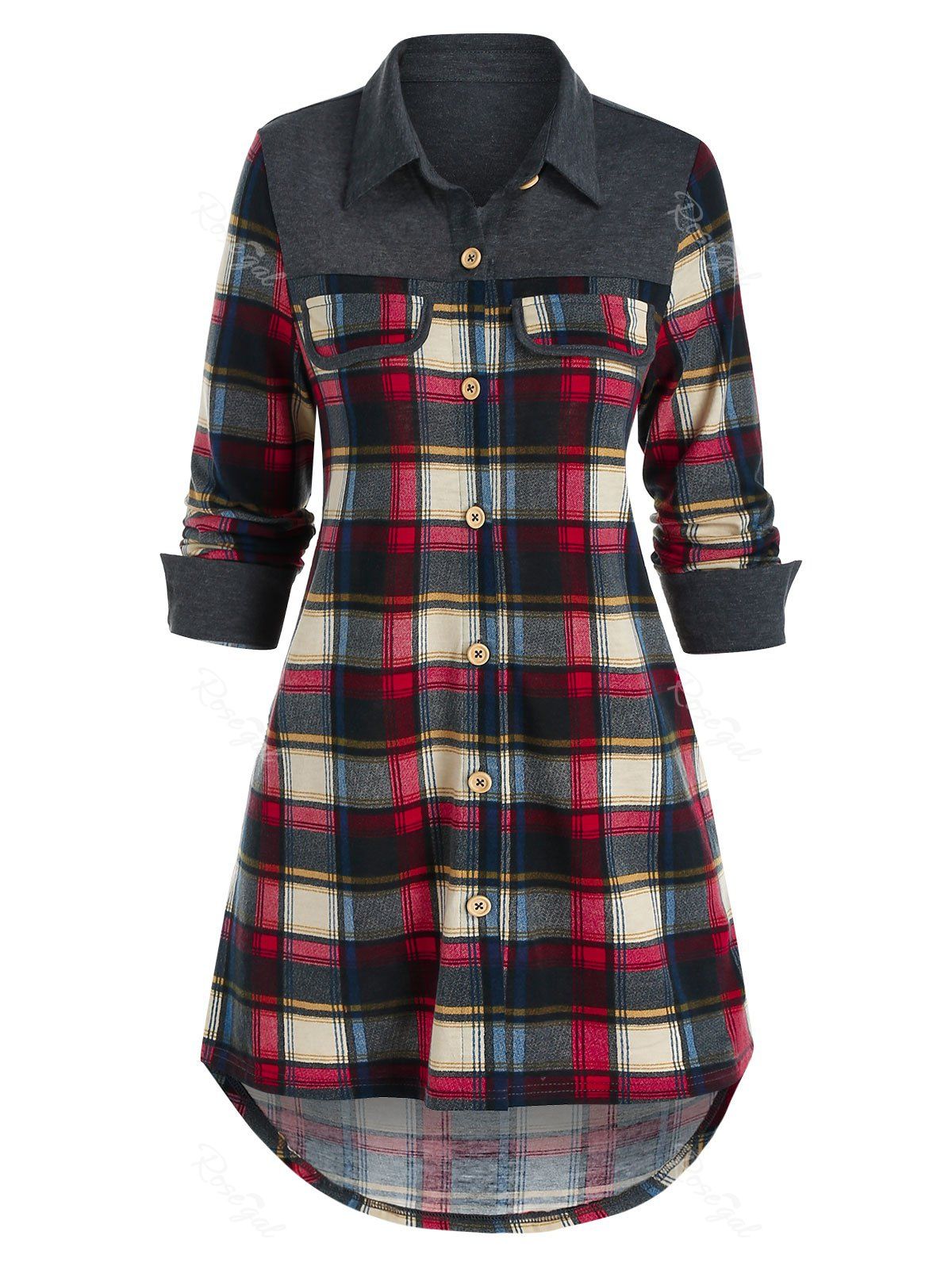 Affordable Plaid Flap Detail High Low Shirt  