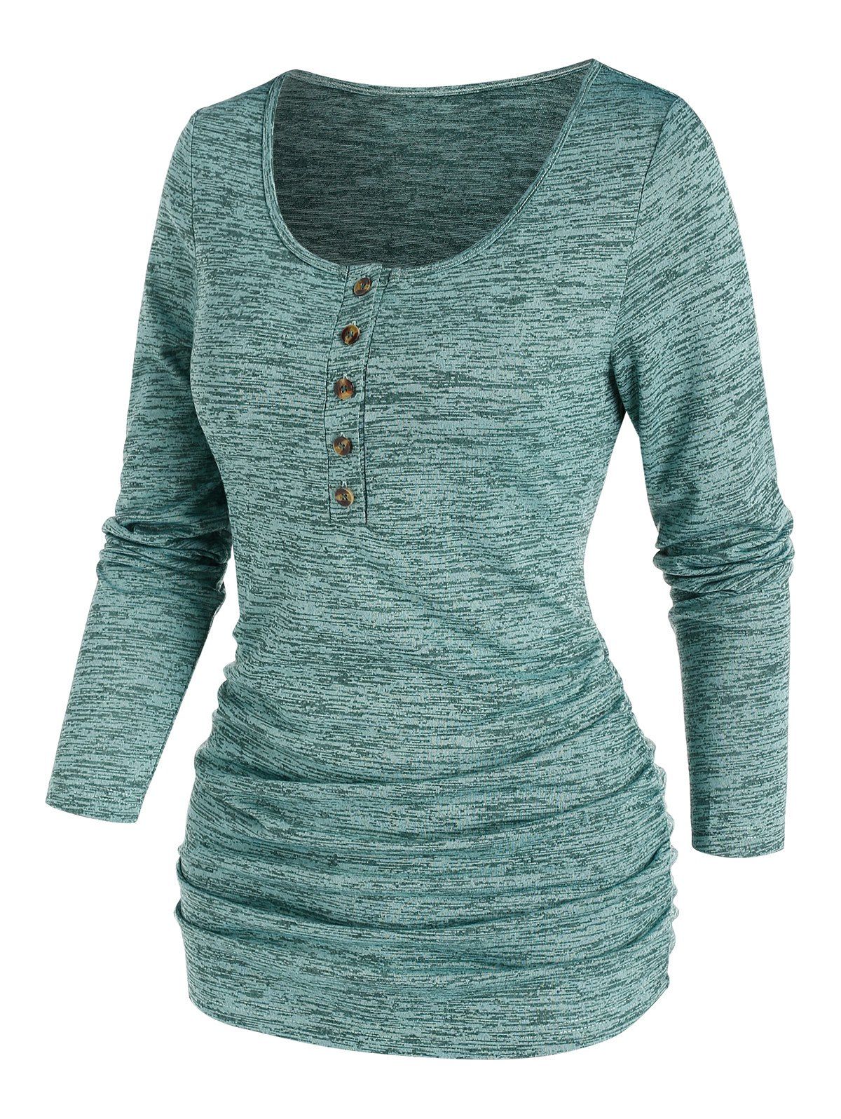 

Long Sleeve Ruched Heathered Henley T-shirt, Green