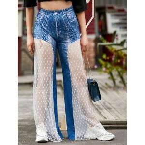 

Star Mesh Panel 3D Print Plus Size Wide Leg Pants, Blue