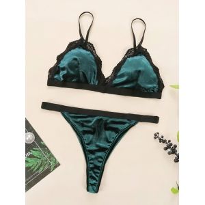 

Plus Size Lace Insert Velvet Bra Set, Deep green