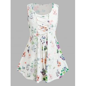 

Plus Size Flower Lace Insert Picot Trim Lace-up Tank Top, White