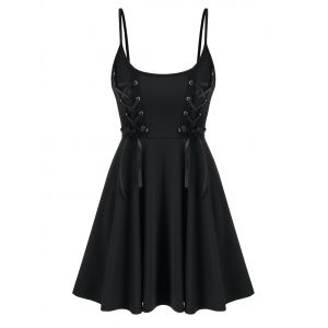

Lace-up Spaghetti Strap Flare Dress, Black