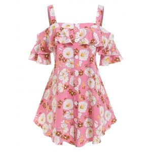 

Plus Size Flower Ruffle Cold Shoulder Mock Button T Shirt, Light pink