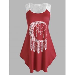 

Plus Size Dreamcatcher Print Lace Insert Longline Tank Top, Deep red