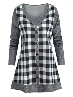 Plus Size Marled Checked Faux Twinset T Shirt - DARK GRAY - L