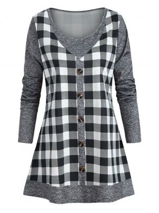 Plus Size Marled Checked Faux Twinset T Shirt
