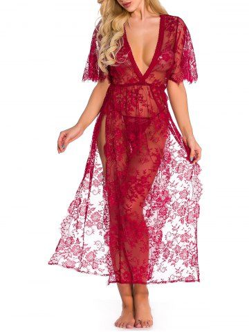 Sheer Lace High Slit Lingerie Gown - RED - M