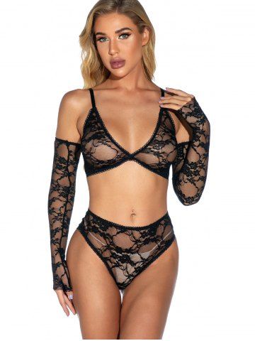 

Sheer Lace Lingerie Set with Gloves, Black