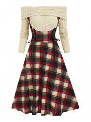 Off The Shoulder Lace Up Plaid  2 in 1 Dress -  