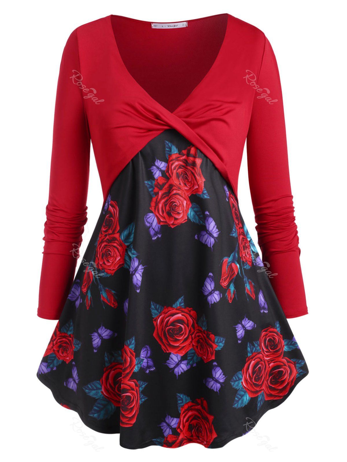 

Twisted Front Rose Butterfly Plus Size Top, Red