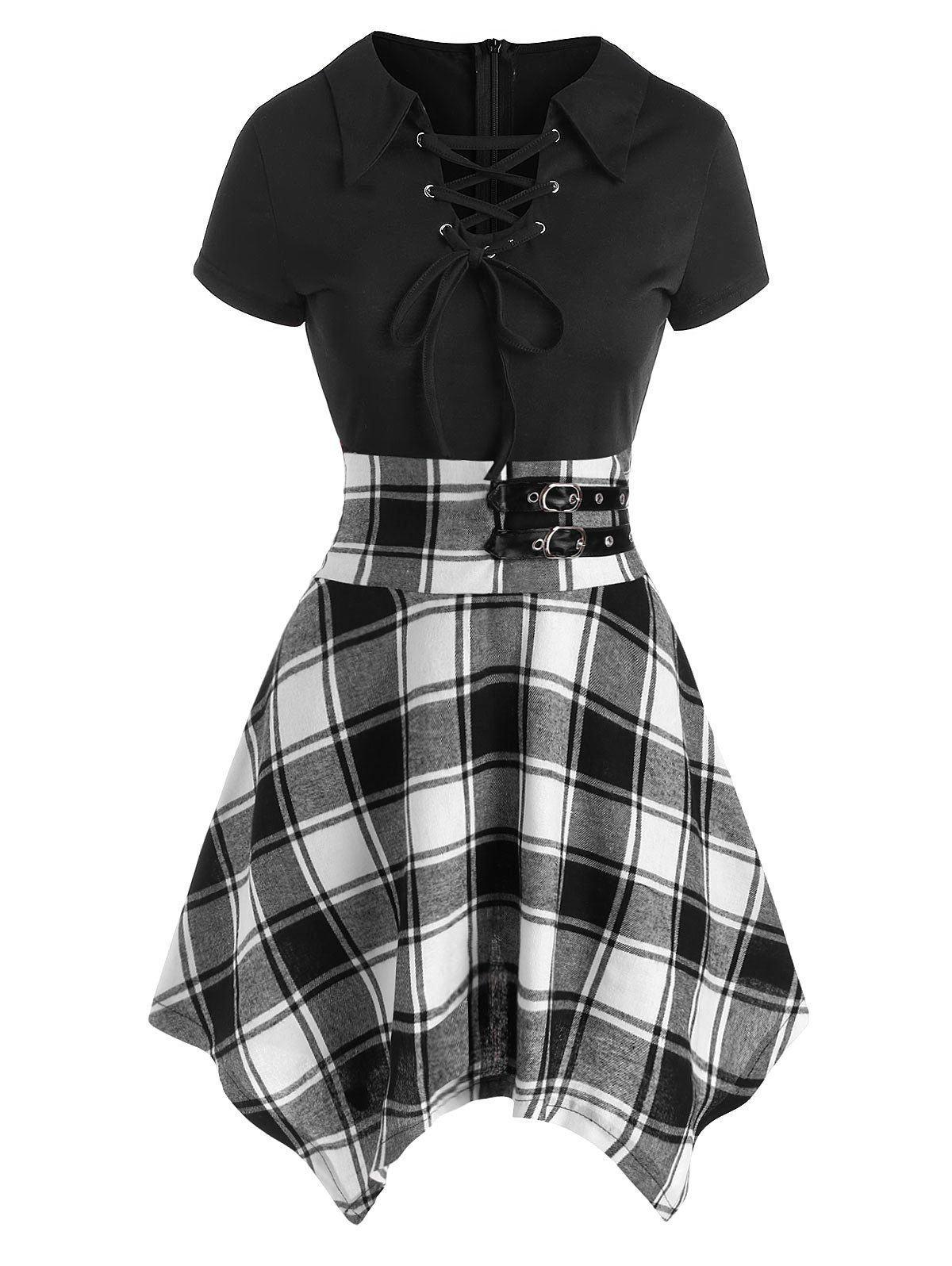 

Lace Up Plaid Buckle Embellished Handkerchief Dress, Black