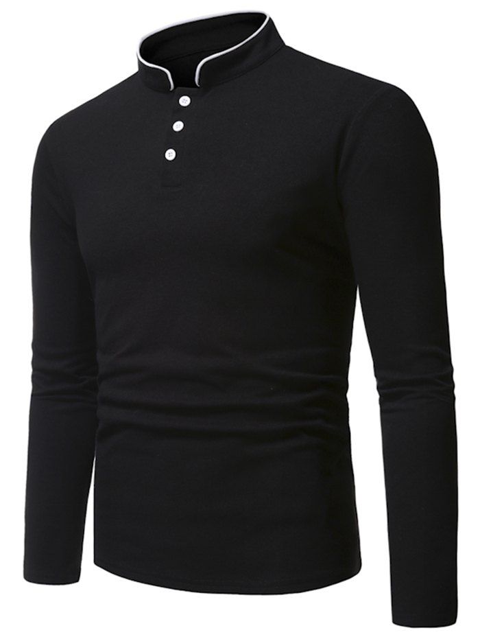

Half Button Stripe Long Sleeve T-shirt, Black