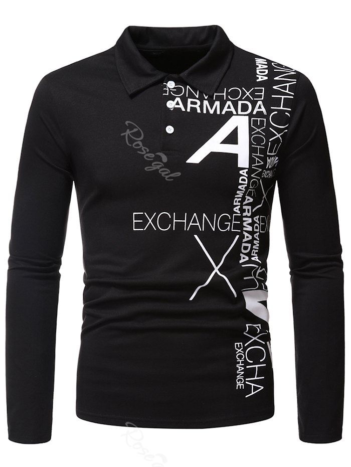 

Letter Print Long Sleeve Turn Down Collar T Shirt, Black