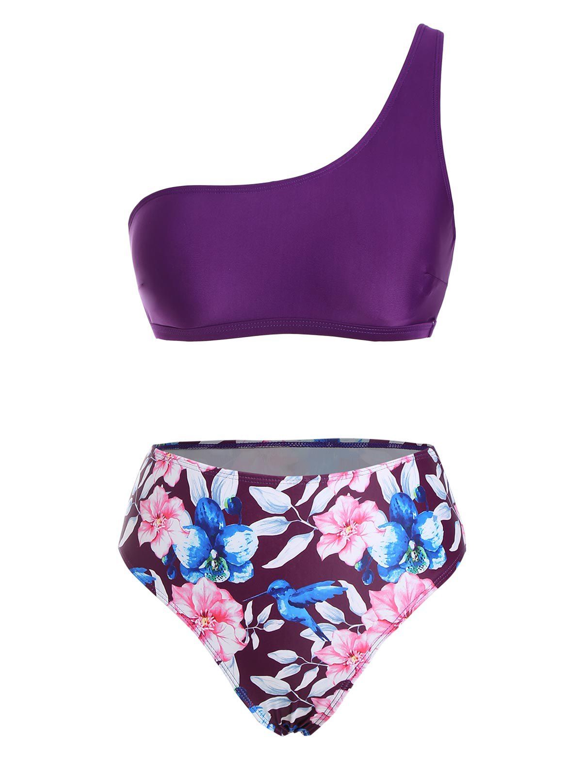 

One Shoulder Floral Leaf Print High Rise Bikini Swimwear, Concord