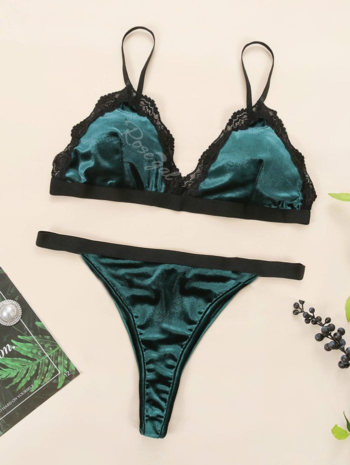 

Plus Size Lace Insert Velvet Bra Set, Deep green