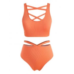 

Plus Size Ribbed Crisscross Cutout Tankini Swimwear, Orange