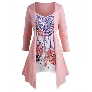 

Plus Size Dreamcatcher Print Split Front Faux Twinset Asymmetrical T Shirt, Light pink
