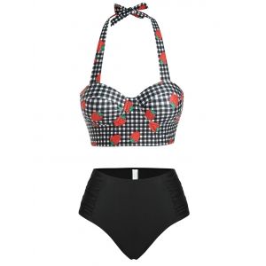 

Halter Strawberry Print Gingham Underwire Ruched Tankini Swimwear, Black