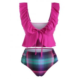 

Ruffle Tie Plaid Ruched Tankini Swimwear, Concord