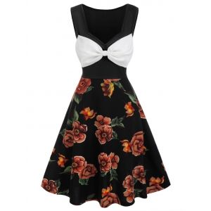 

Colorblock Bowknot Flower Printed Flare Dress, Black