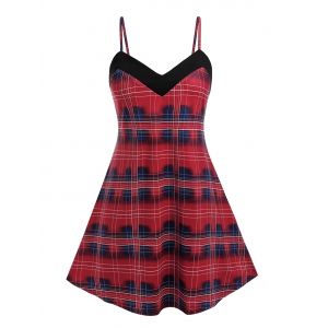 

Plus Size Plaid A Line Backless Long Cami Top, Deep red