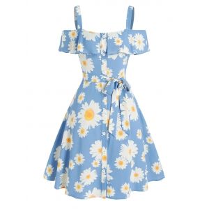 

Cold Shoulder Daisy Print Ruffled Dress, Light blue