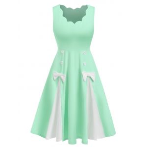 

Sleeveless Bow Detail Mock Button Contrast Dress, Light green