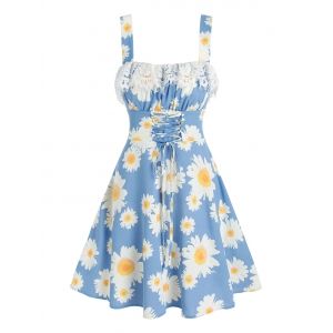 

Floral Print Lace-up Lace Insert Sleeveless Dress, Blue