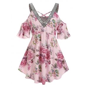 

Plus Size Flower Glitter Sequined Cold Shoulder Tunic Blouse, Light pink