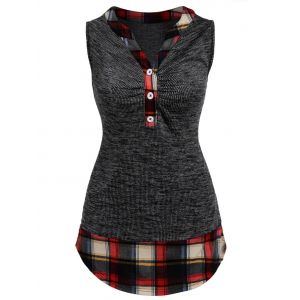 

Plaid Trim Half Button Heathered Tank Top, Black