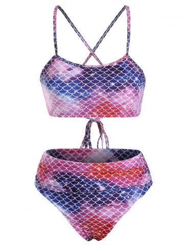Impresión de escala Crisscross Lace-Up Mermaid Bikini Bikini Traje de baño - MULTI - M