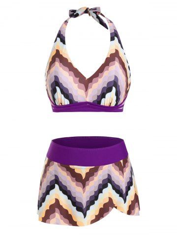 Halter Chevron Pattern Skirtini Bikini Swimwear - CONCORD - M