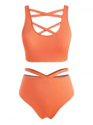 Plus Size Ribbed Crisscross Cutout Tankini Swimwear