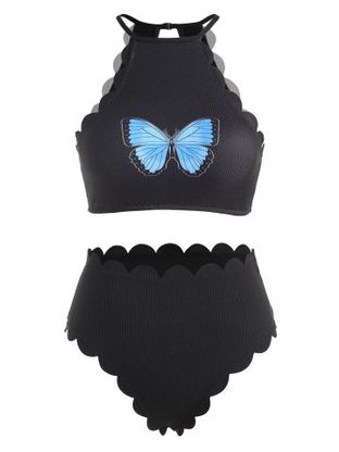 High Neck Ribbed Scalloped Butterfly Print Tankini Swimwear