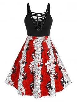 Plus Size Lace-up Printed Backless A Line Gothic Dress - MULTI - 3X